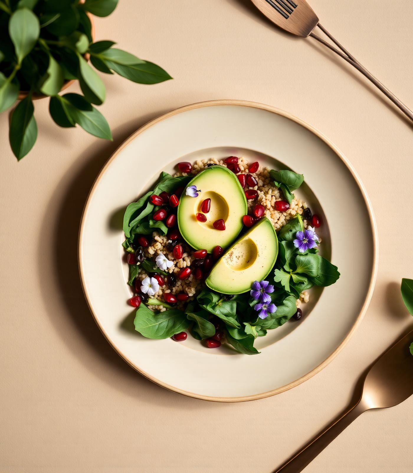 Prato saudável com quinoa, abacate e romã